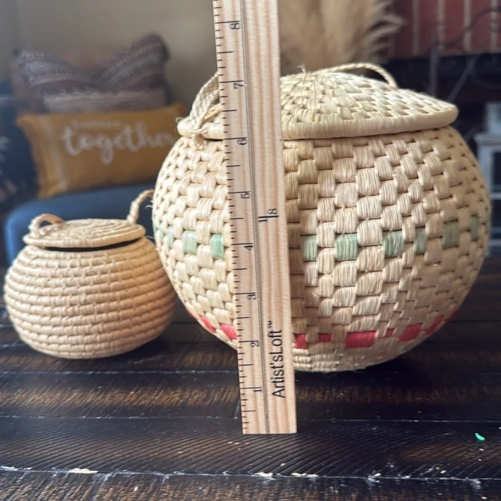 Baskets Round Pair Woven Lid Long Straps & added 3 more! (5 total)